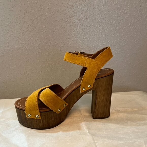 Aldo Mustard Yellow Suede Platform Sandals – Made in Italy – Size 6.5 / 37 – NEW - Picture 3 of 11
